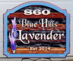 sandblased custom made arist painted business sign for Blu Hills Lavender Armstrong BC.