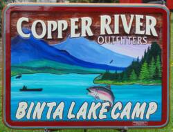 Copper River Outfitters,Binta Lake Camp,Smithers BC,Lanscape painting of mountains and fish on a custom made sandblasted cedar sign,busines sign of all kinds.Condor signs Vernon Bc