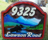 9325 Lawson Road,residential sandblasted cedar sign,Smithers BC,moose in front of mountains,artist painted landscape,acreage cedar sign,Conorsigns Vernon BC.Canada