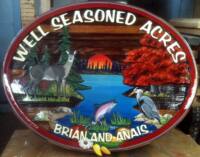 trout farm Colberg Ont,sandblasted cedar sign,farmand ranch, acreage,recreational property signs,fishing,hunting,market gardens,artist painted deer,rabbit rainbow trout