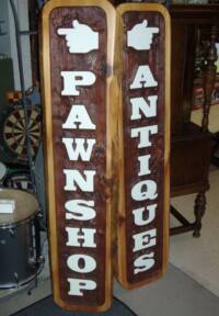 antiques & pawnshop sandblasted sign Vernon BC.Distinictive decor and 30th street pawn