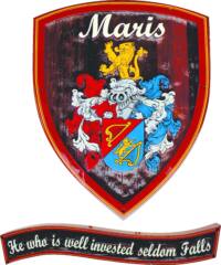 Sand carved cedar sign/coat of arms/ for the Maris family in Salmon arm BC.Custom designed handcrafted artist painted by Condor signs Vernon BC