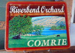 Riverbend Orchard Kamloops BC sanblasted or sand carved custom artist painted cedaar wood sign by Condor Signs Vernon BC.
