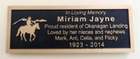 memorial plaque in bronze for a park bench in vernon bc by condor signs/condor systems