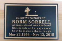 Bronze memorial plaque "Norm Sorrell"Prince George BC Custom made by Condor signs Vernon BC