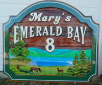Sand blasted custom designed and hand crafted cedar sign for Mary's emerald bay 8 on the Okanogan Indian Band reserve Vernon BC Canada.Condor Signs supports first nations