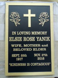 metal headstone/memorial plaque in cast bronze for Elsie Rose Yanik first nation elder Fort Mac Murray by Vernon BC. sign makers Condor Signs