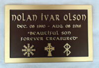 custom metal headstone/memorial plaque in bronze for Nolan Ivar Olson by Vernon BC sign maker Condor Signs