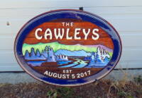 wooden sign The Cawleys sandblasted cedar artist painted by Vernon signs maker Condor Signs