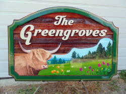 farm signs Canada THe Greengroves wood sign sandblasted cedar by Vernon BC sign maker Condor Signs