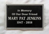 Aluminum metal plaque for Mary Pat Jenkins designed and provided by Condor Signs Vernon.BC