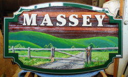 Wood Farm and acreage sign For the Massey Family in Kindersley Sask.Sandblasted cedar and custom crafted and painted by Condor Signs BC