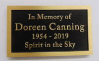Bronze metal grave marker bench memorial plaque by Condor signs Vernon BC.