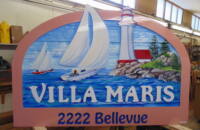 Villa Maris.Another sanblasted, artist painted new sandblasted cedar sign to replace the old one wood sign restoration and rebuilds by Condor signs Vernon BC