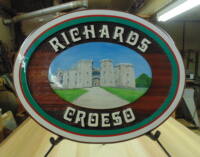 Cedar sign sandblasted artist painted.Wedding sign for a nice couple in Wales we ship worldwide.Condor Signs Venron BC.