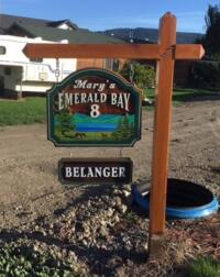 Installed sign at Mary's Emerald Bay. Posts and signs created by Condor signs Vernon BC