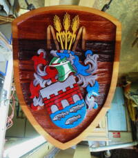coat of arms sandblasted and artist painted on cedar sign wood sign condor signs.