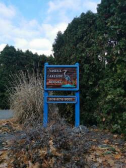 Vaseux Lake Resort Oliver BC.Hand crafted,artist painted,Custom designed and sandblasted cedear.Another classic by Condor signs Vernon BC.