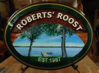 Cottage wood sign fo Alberta lake front..Hand crafted and artist painted.Sandblasted cedar sign by Condor signs Vernon BC.